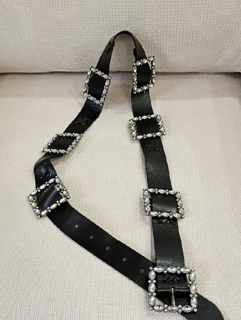 Women's Black Leather Belt with Crystal Buckle Accents